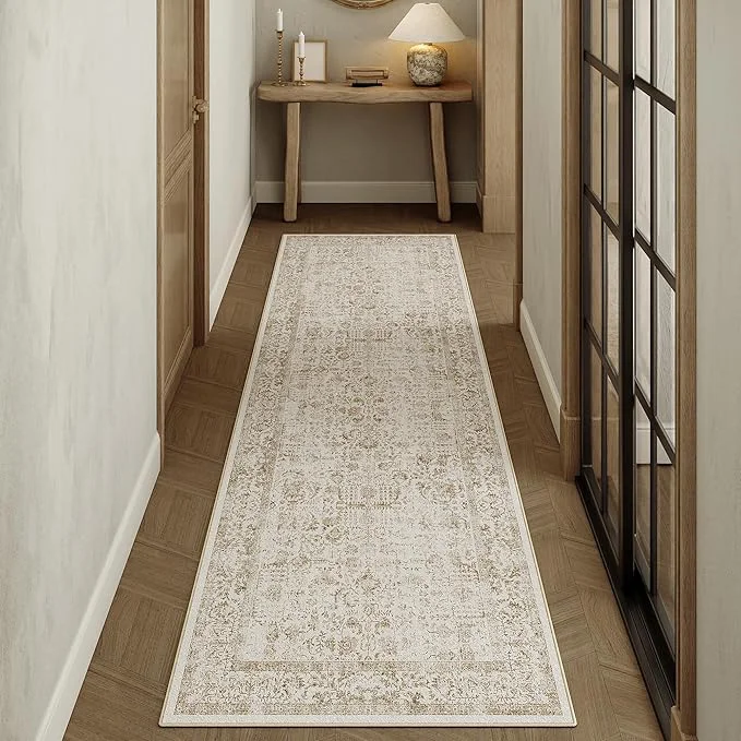 Environmentally Friendly Light Brown Runner Rug 3x7 Hallway Machine Washable Kitchen Vintage Distressed Trusted