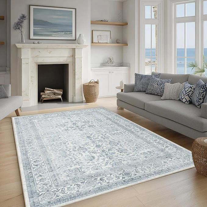 Practical FMFUNCTEX 4x6 Washable Area Rug Blue Neutral Vintage Non Slip Low Pile Lightweight