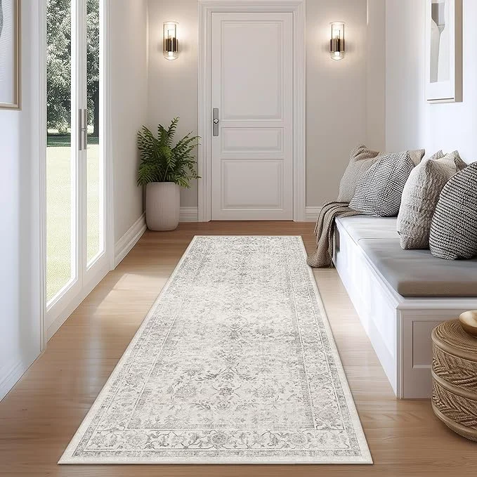 Flexible FMFUNCTEX 2x6 Runner Rug Grey Vintage Neutral Washable Distressed Non Slip Low Optimized