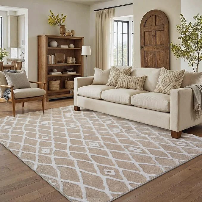 Durable Beige 5x7 Area Rug Moroccan Shag Living Room Washable Carpet Soft Non Shedding Trendy