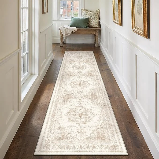 Functional Runner Rug 2x10 Cream Hallway Washable Beige Carpet Non Slip Vintage Medallion Classic