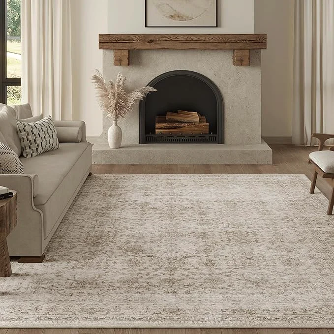 World-Class FMFUNCTEX 9x12 Washable Area Rug Beige Vintage Neutral Distressed Large Non Trendy