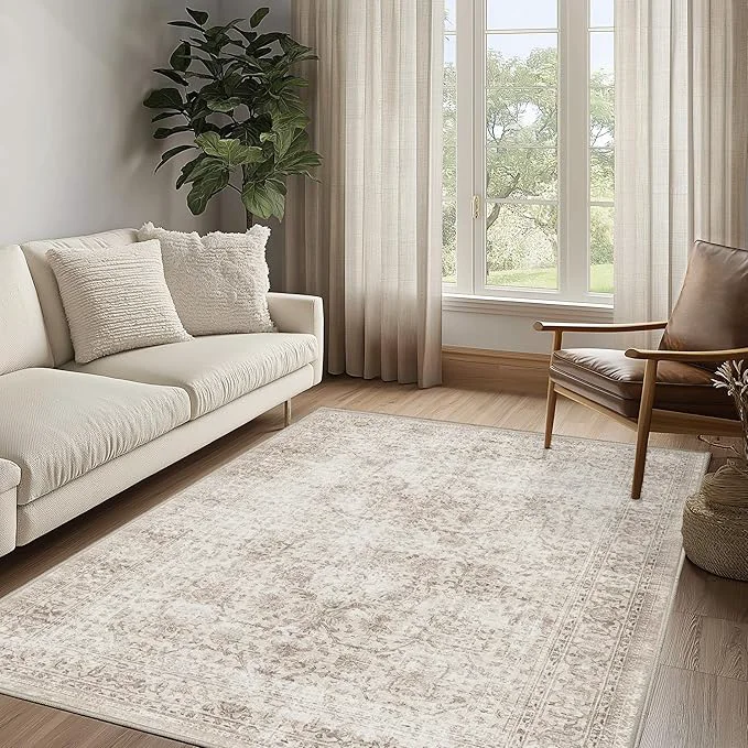 Exceptional FMFUNCTEX 5x7 Washable Area Rug Neutral Vintage Beige Non Slip Low Pile Unique