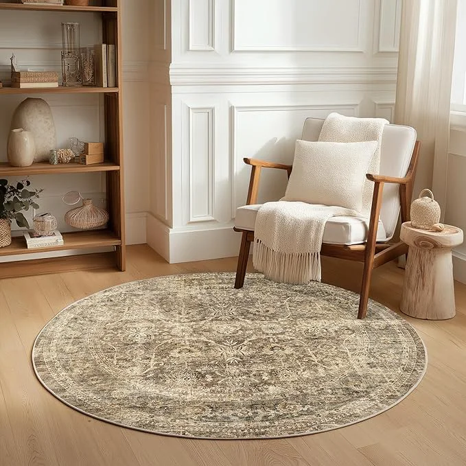 Smooth FMFUNCTEX 5ft Round Washable Area Rug Brown Vintage Neutral Distressed Non Slip Artisan