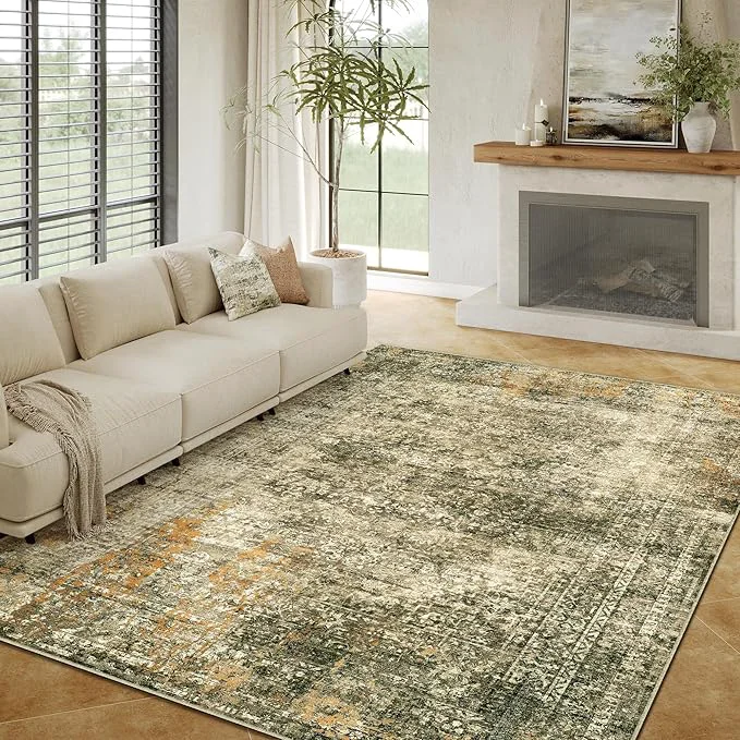 Luxury Area Rug 6x9 Brown Washable Non-Slip Lightweight Floral Vintage Distress Print Verified