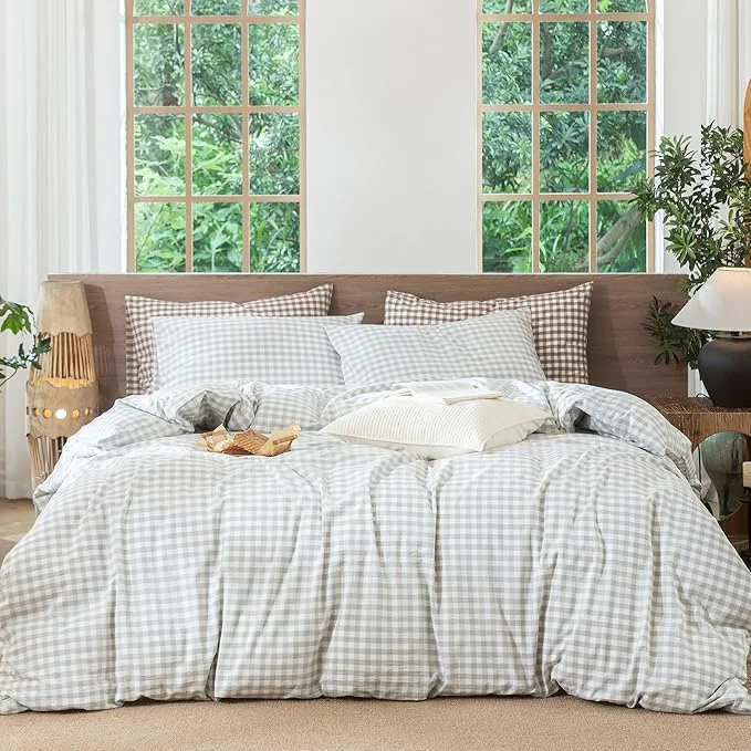 Classic MooMee Gingham Duvet Cover Set Washed Cotton Linen Like Textured Specialty
