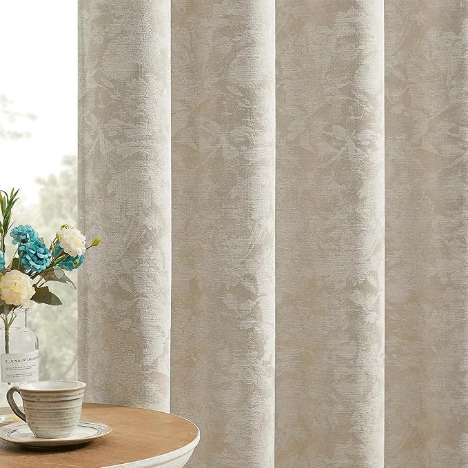 Green Beauoop Beige Floral Jacquard Blackout Curtains 96 Inches Long 2 Panels Modern