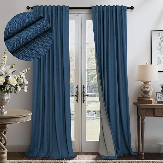 Convenient Navy Blue Linen Textured Curtains 90 Inches Long 2 Panels Set Modern Neutral Innovative