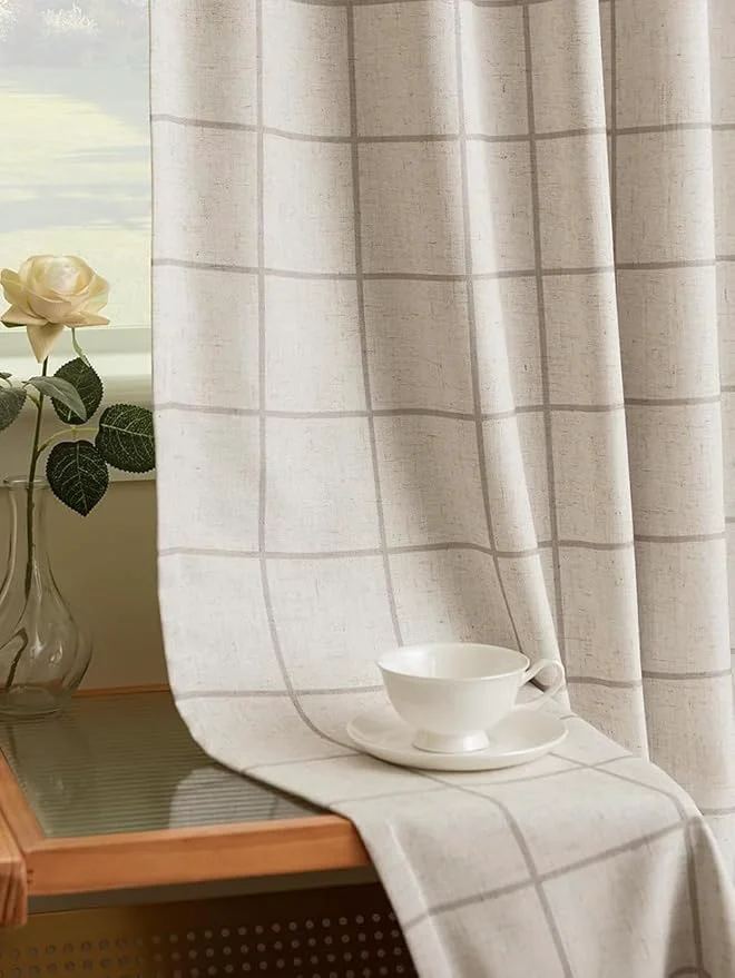 Sustainable Linen Plaid Blackout Curtains Gingham Double Layer Long-Lasting