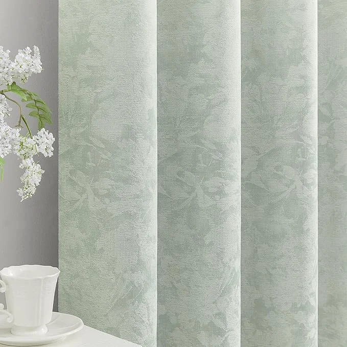 Stylish Beauoop Green Floral Jacquard Blackout Curtains 63 Inches Long 2 Panels Pure