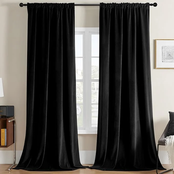 Refined Joydeco Black Velvet Curtains 120 inches Long 2 Panels Luxury Blackout Rod Lightweight