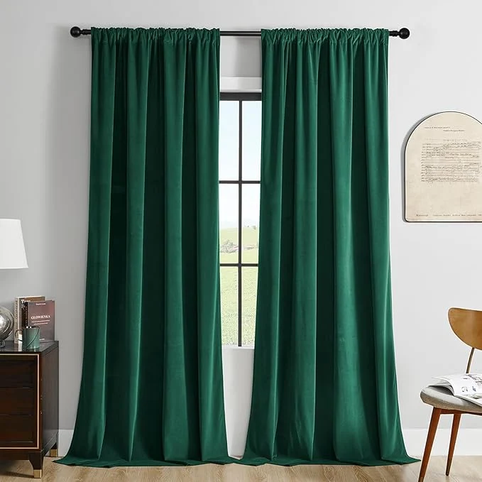 Excellent Joydeco Dark Green Velvet Curtains 96 inch Length 2 Panels Burg Set Luxury Rod High-Performance