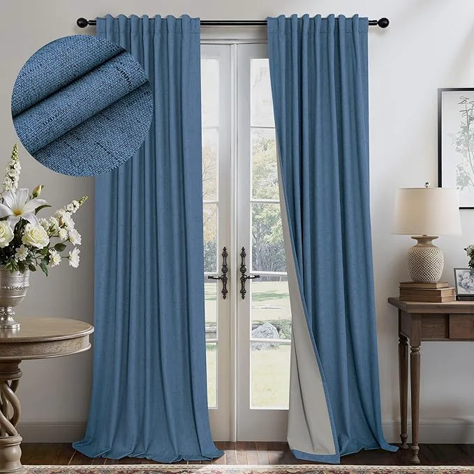 Elegant Denim Blue Back Tab Blackout Curtains 108 Inches Long 2 Panel Set Cotton Linen Fine Crafted