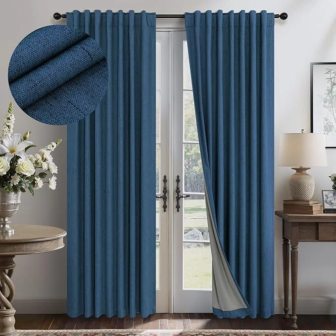 Responsible Navy Blue Black Out Curtains 63 Inch Long 2 Panel Burg Linen Textured Thermal Quality
