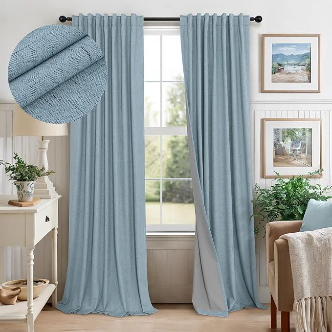 Premium Material Slate Stone Blue Linen Blackout Curtains 90 Inch Long 2 Panels User-Friendly