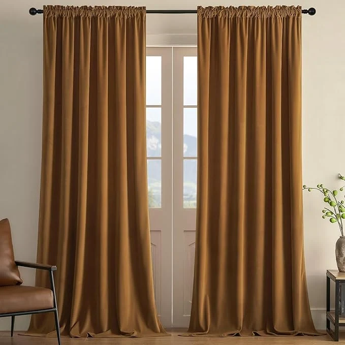 Smart Joydeco Camel Brown Velvet Curtains 108 inch Length 2 Panels Luxury Blackout Traditional
