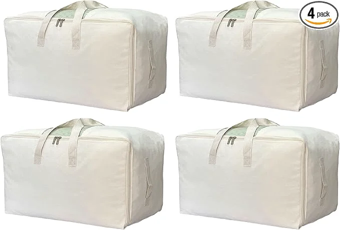 Solid Soft Canvas Storage Bag with Zipper and Clear Window Cotton Linen Organizer Sophisticated