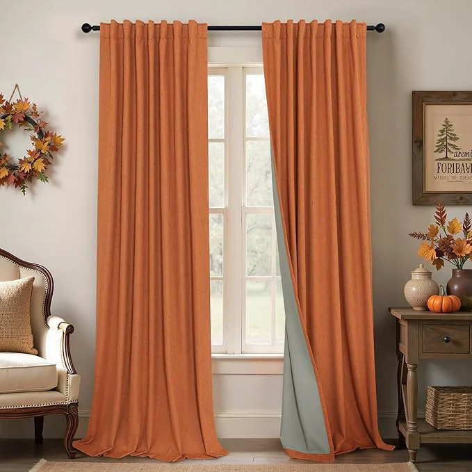 Artisan Burnt Orange Blackout Window Curtain Panels Light Blocking Linen Boho Certified