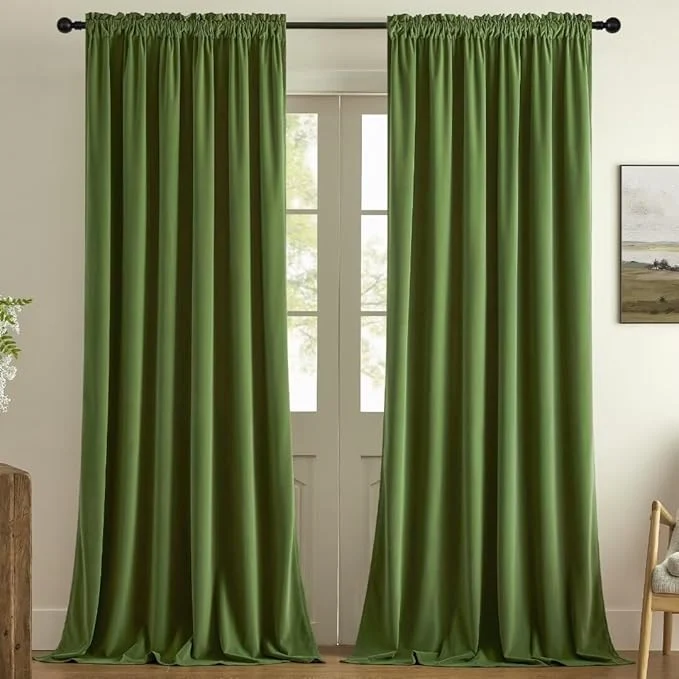 Solid Joydeco Green Velvet Curtains 84 inch 2 Panel Room Darkening Super Soft Velvet Traditional