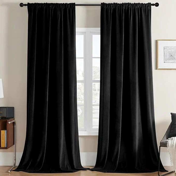Trendy Joydeco Black Velvet Curtains 84 inch Length 2 Panels Luxury Blackout Rod Versatile