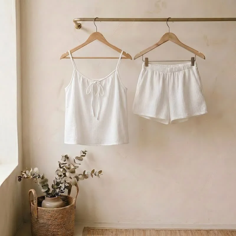 Solid Ownkoti White Cotton Gauze Bow Lounge Set Secure