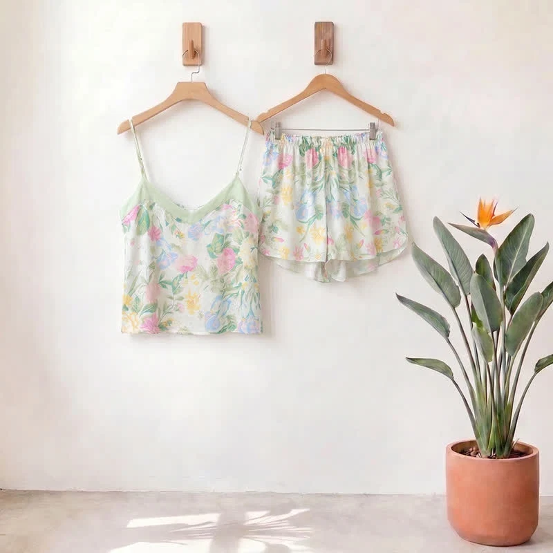 Elite Ownkoti Mint Blossom Satin Cami and Shorts Loungewear Set Healthy