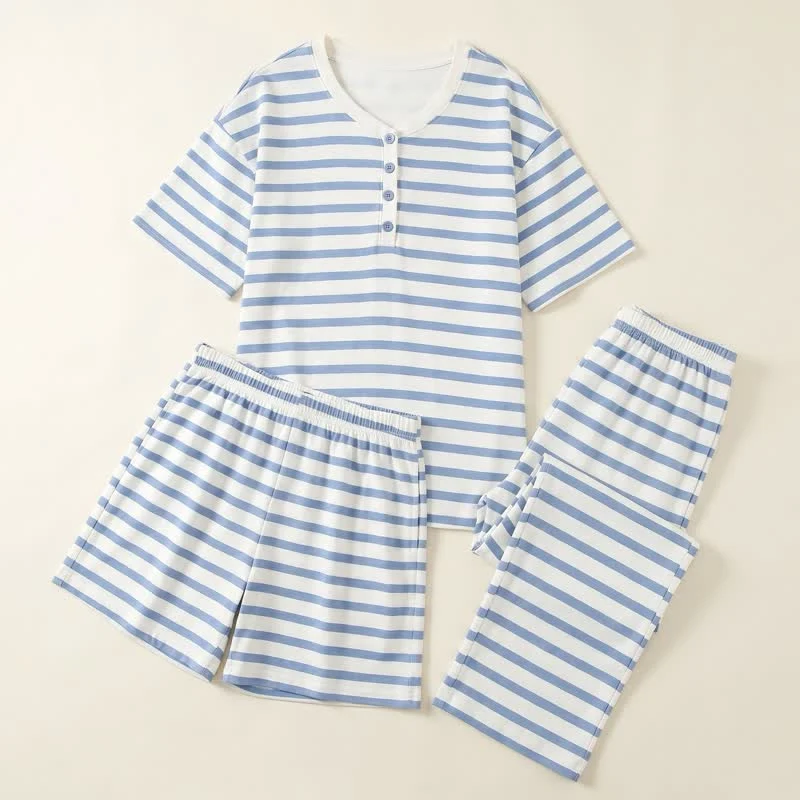 First-Class Ownkoti Blue Stripe Cotton 3-Piece Loungewear Set Smart