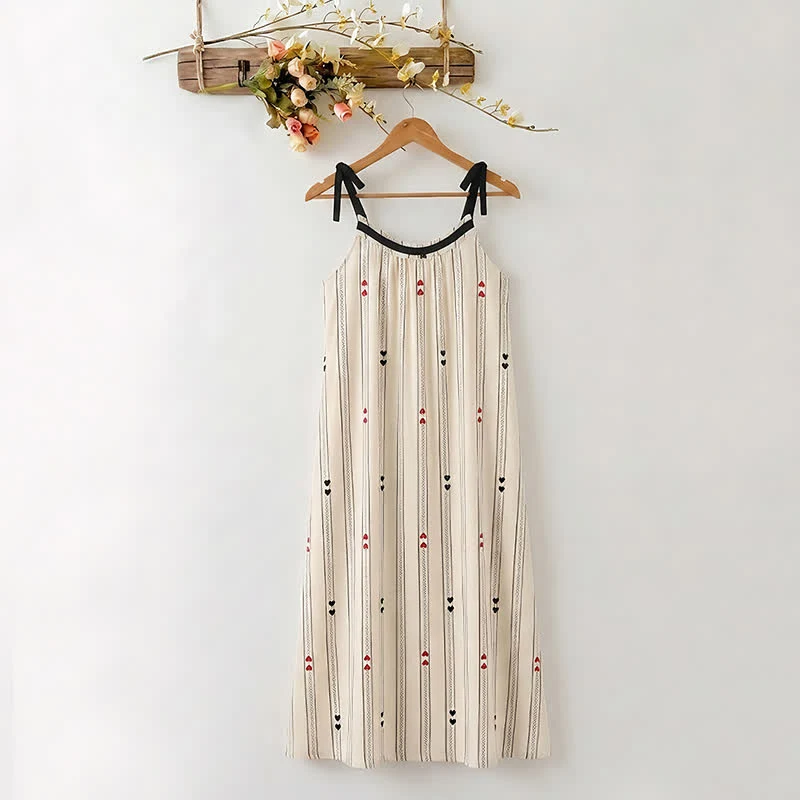 Original Ownkoti Striped Cotton Tie Strap Midi Lounge Dress Elegant