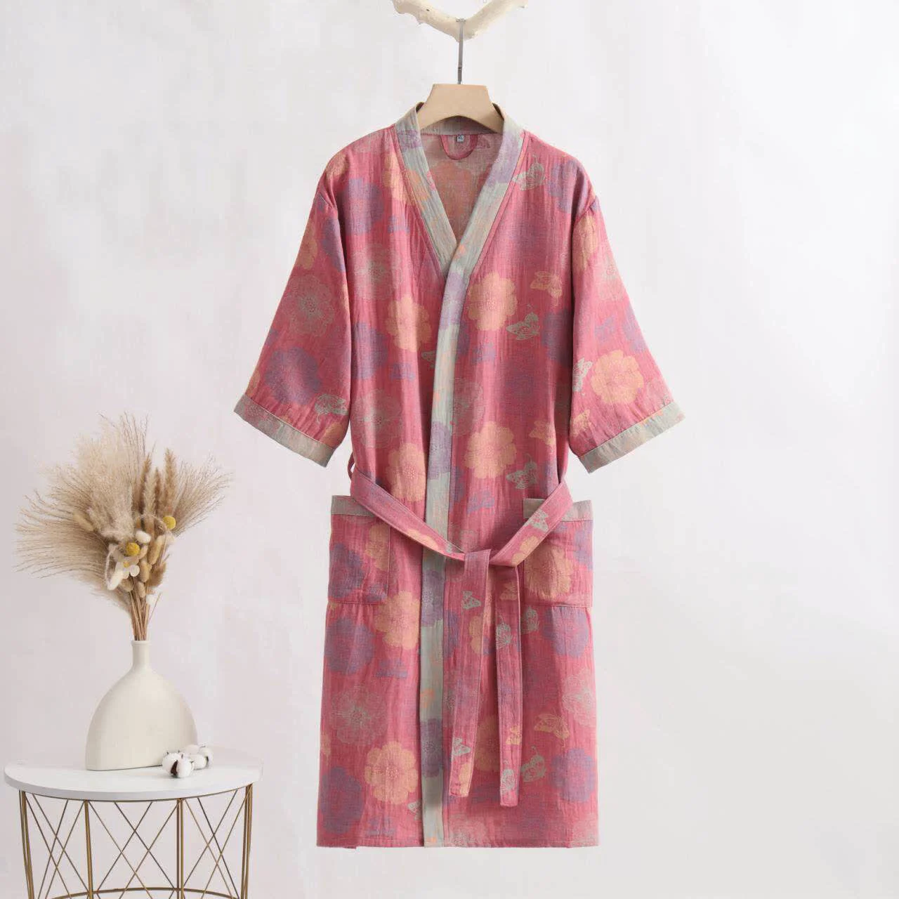 Comfortable Ownkoti Pink Floral Cotton Gauze Kimono Bathrobe Versatile
