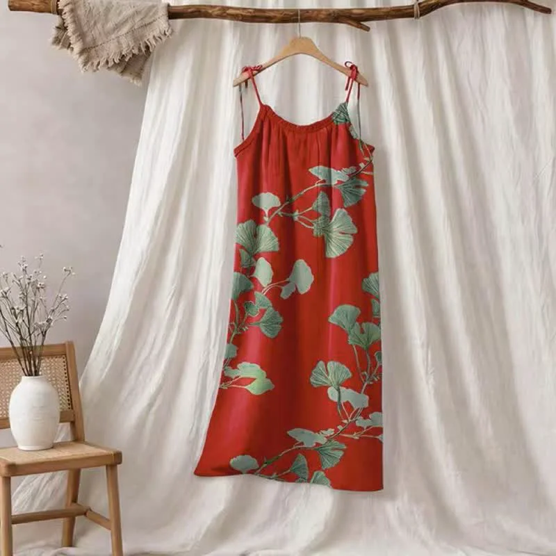 Excellent Ownkoti Ginkgo Leaf Tie Strap Maxi Lounge Dress Comfortable
