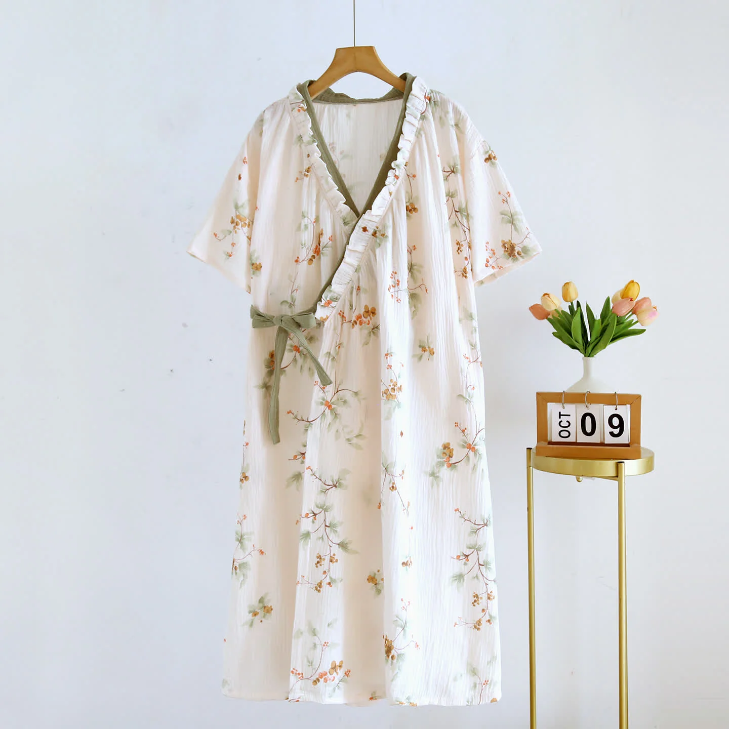 Professional Ownkoti Rural Cotton Gauze Ruffle Kimono Nightgown Comfortable