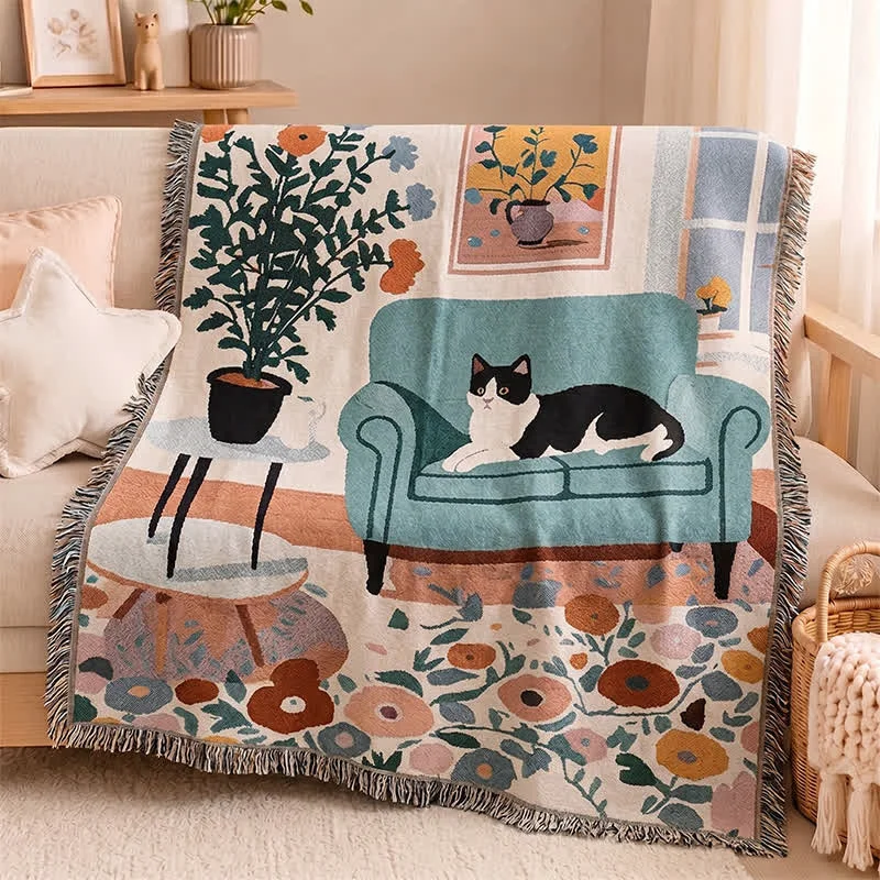 Artisan Ownkoti Boho Cat Woven Fringe Throw Blanket Sophisticated