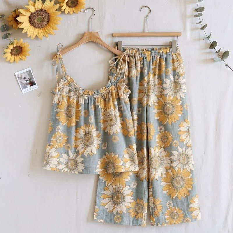 Luxury Ownkoti Sunflower Bloom Tie Strap Cami Loungewear Set Original