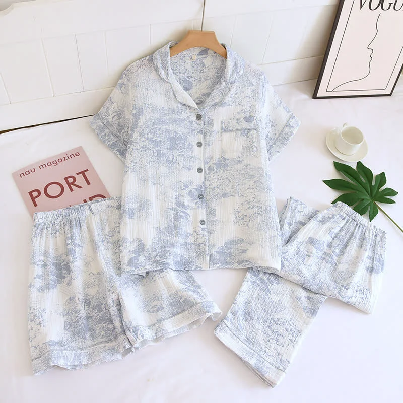 Selected Ownkoti Watercolor 3-Piece Cotton Gauze Pajama Set Expertly Made
