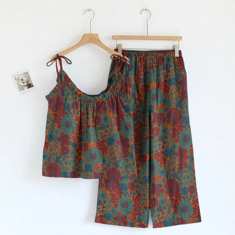 Classic Ownkoti Vintage Floral Tie Strap Loungewear Set Convenient
