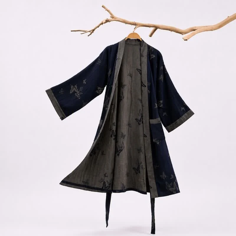 Comfortable Ownkoti Navy Butterfly Cotton Double Gauze Kimono Robe Exceptional