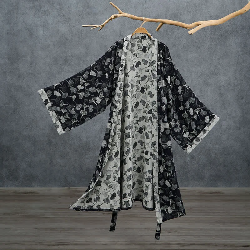 Easy-to-Use Ownkoti Black White Ginkgo Leaf Cotton Kimono Robe Casual
