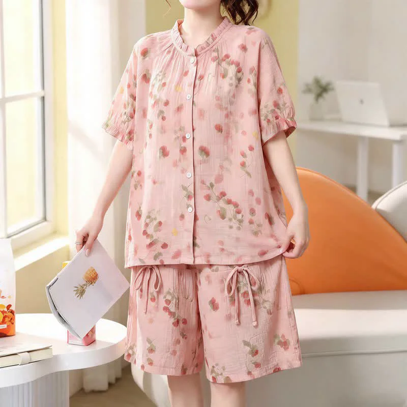 Fashionable Ownkoti Plus Size Floral Cotton Gauze Short Pajama Set High-Performance