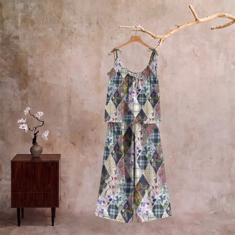 Luxury Ownkoti Vintage Floral Patchwork Cami Loungewear Set Fashionable