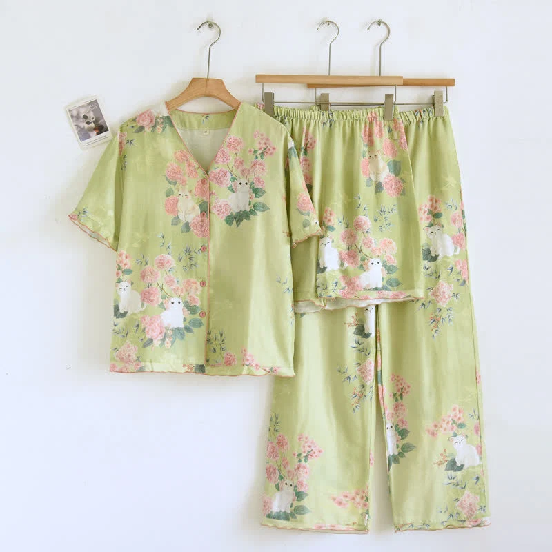 Carefully Designed Ownkoti Mint Floral Cat Cotton 3pcs Loungewear Set Eco-Friendly