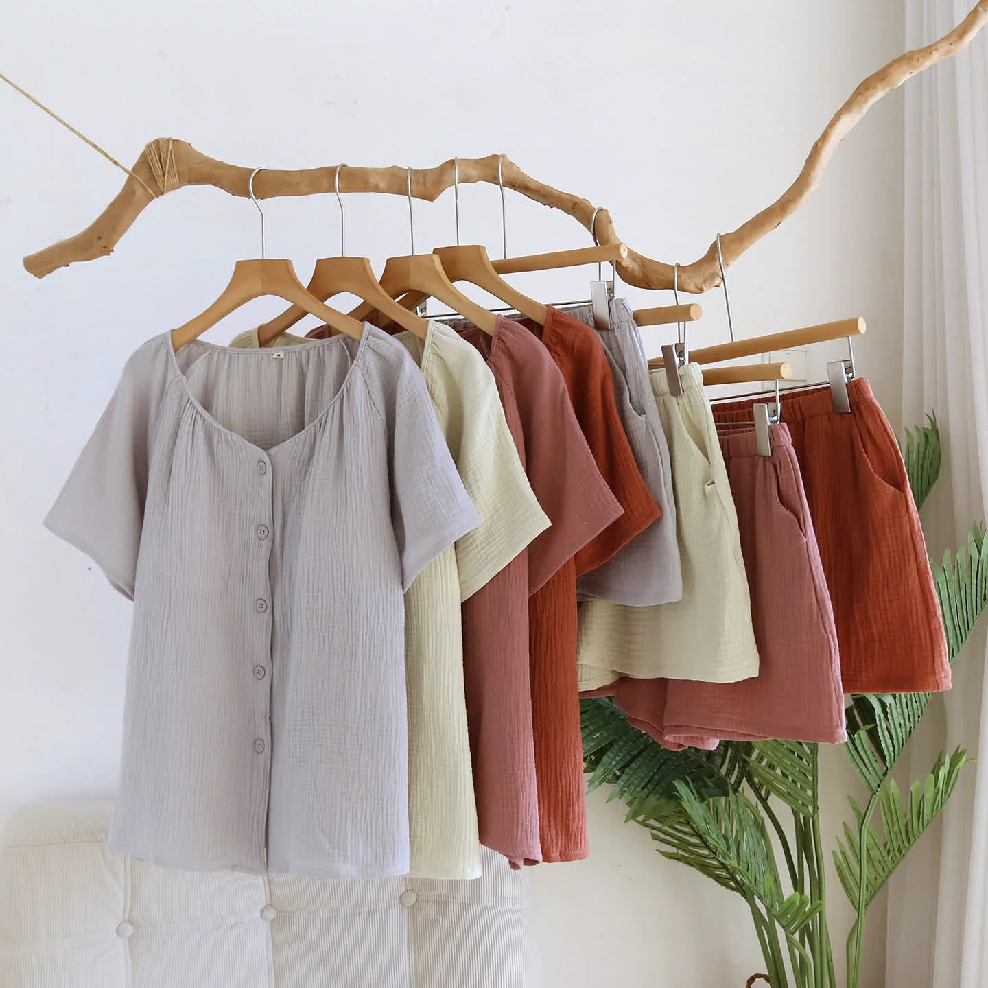 Solid Ownkoti Breezy Cotton Gauze V-Neck Lounge Set Contemporary