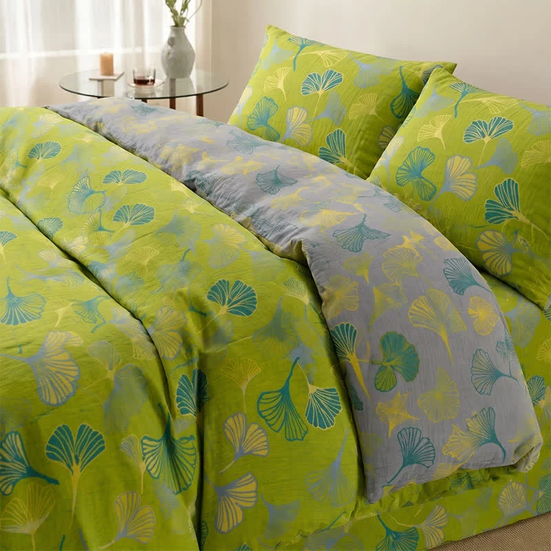 Smooth Ownkoti Vintage Green Ginkgo Leaf Cotton Reversible Bedding Set Premium