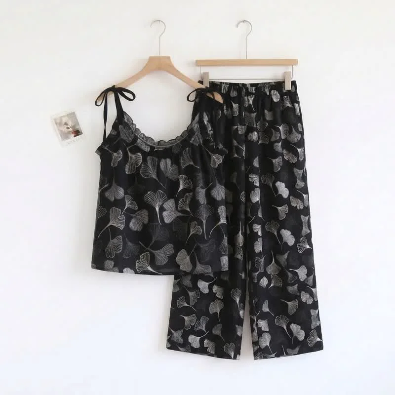 Green Ownkoti Vintage Ginkgo Leaf Cotton Cami Loungewear Set Practical