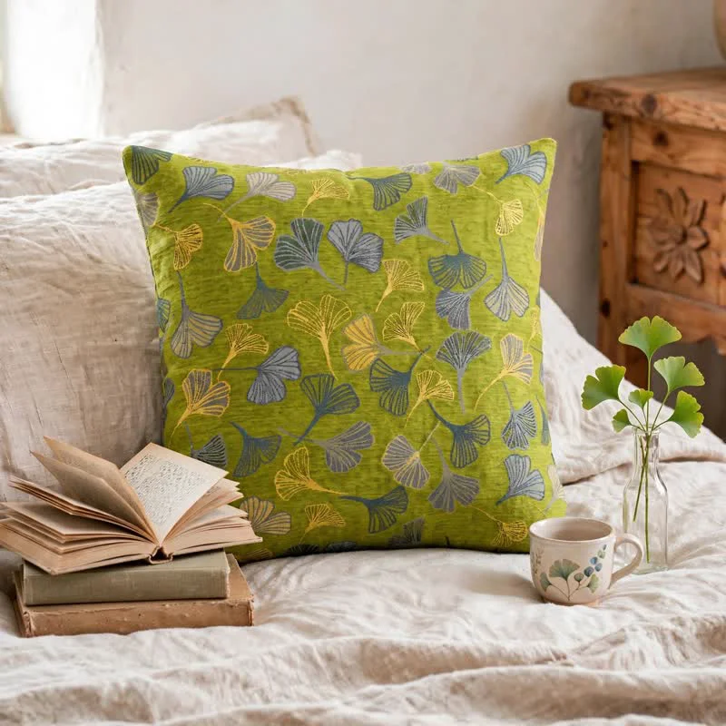 Traditional Ownkoti Green Botanical Ginkgo Leaf Square Pillow Refined