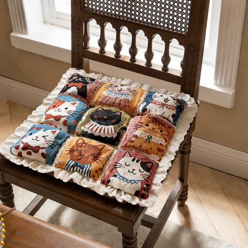 Trendy Ownkoti Lace‑Trim Grid‑Cat Cotton Chair Cushion Fast