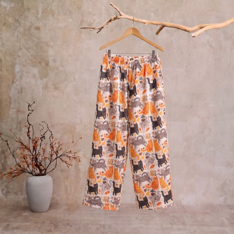 Contemporary Ownkoti Cartoon Orange Cat Cotton Gauge Lounge Pants Practical