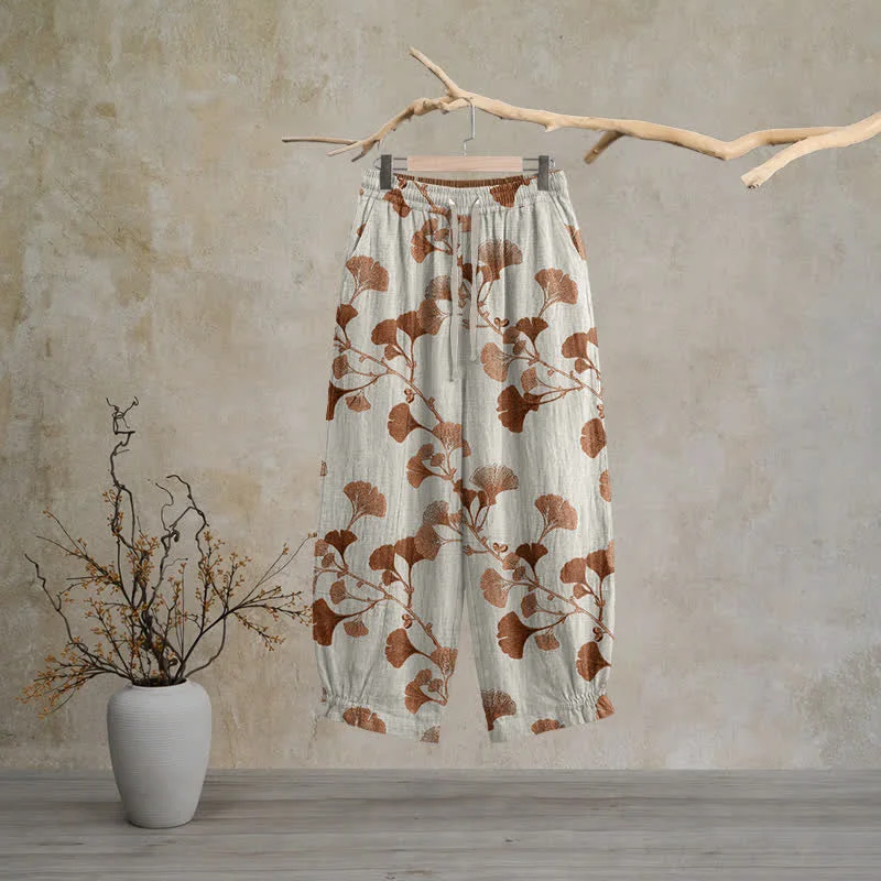 Solid Ownkoti Beige Base Rust Ginkgo Leaf Pattern Cotton Lounge Pants Detailed