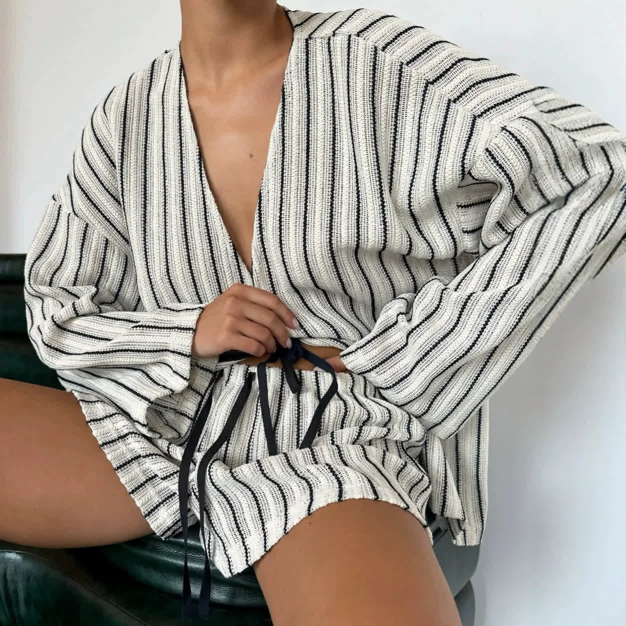 High-Performance Ownkoti Effortless Stripe Cotton Wrap Resort Loungewear Set Elite