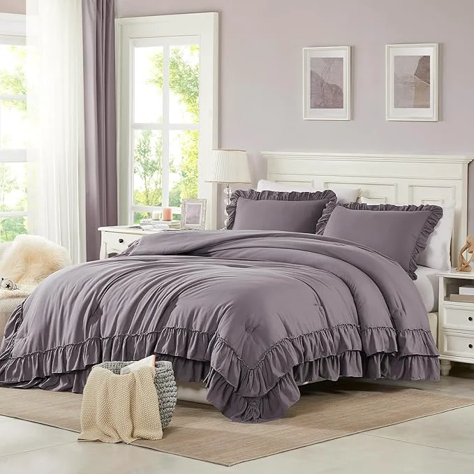 Classic Cupocupa Purple Full Comforter Set 3Pcs Ruffle Farmhouse Bedding Sets with Comforter amp Pillowcases Soft Shabby Chic Lightweight Fluffy Comforter Set for All Season Bedroom Decor Purple F Reliable