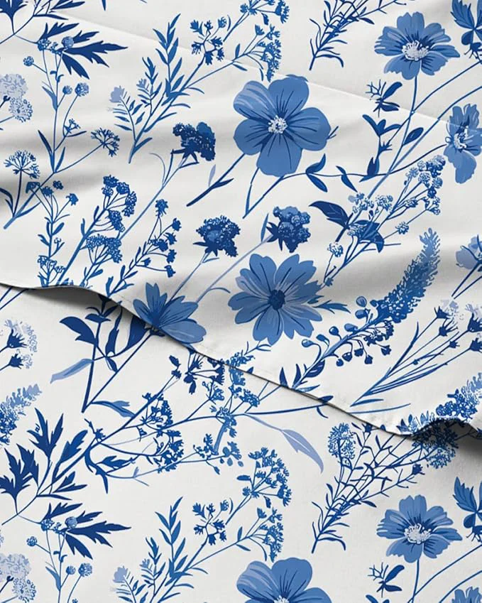 Exceptional Floral Sheets - White amp Blue Bed Sheet Set - 1 Flat 1 Fitted amp 2 Pillowcases w Deep Pockets - Comfy Cozy Wrinkle amp Fade - Boho Botanical Bedding - Soft Breathable amp Cooling - Full Size Set Consistent